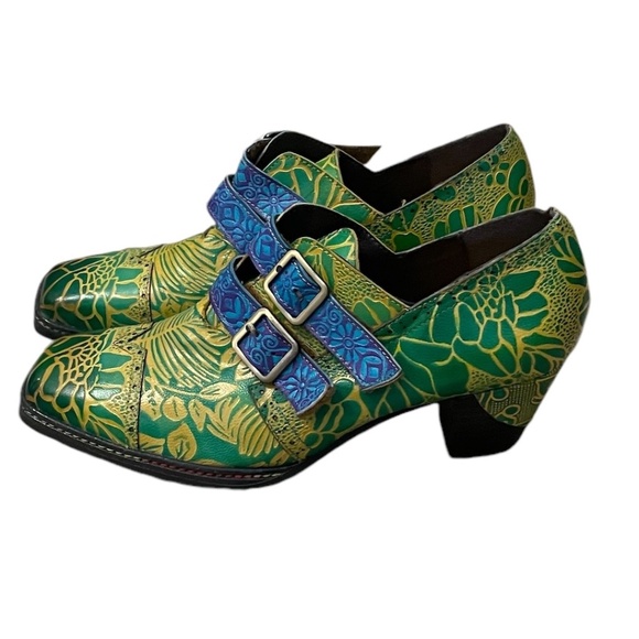 WOMEN'S 9 LEATHER FLORAL HAND PAINTED‎ EMBOSSED DOUBLE STRAP MONK OXFORD - Picture 4 of 12